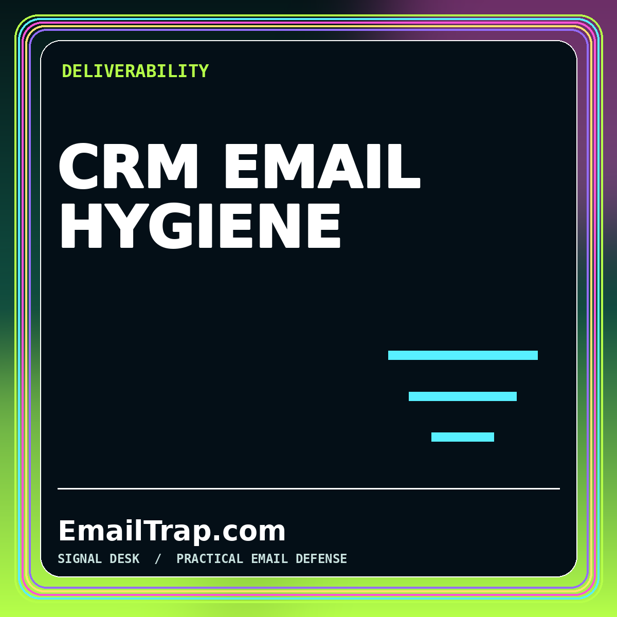 Neon typography card reading CRM Email Hygiene with clean contact cards