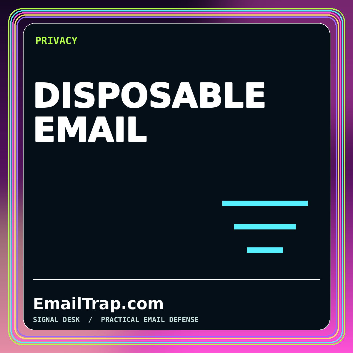 Neon typography card reading Disposable Email with masked address symbols